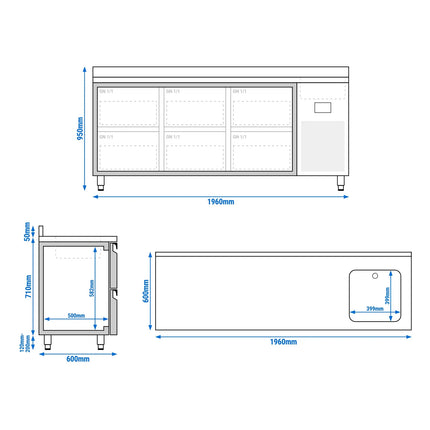 GGM Gastro Commercial Counter Fridge PREMIUM PLUS - 1960x600mm - with sink - with 6 drawers - with upstand - capacity 385 litres