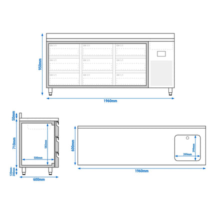GGM Gastro Commercial Counter Fridge PREMIUM PLUS - 1960x600mm - with sink - with 9 drawers [1/3] - with upstand - capacity 385 litres