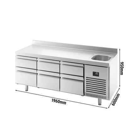 GGM Gastro Commercial Counter Fridge PREMIUM PLUS - 1960x600mm - with sink - with 6 drawers - with upstand - capacity 385 litres
