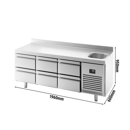 GGM Gastro Commercial Counter Fridge PREMIUM PLUS - 1960x600mm - with sink - with 6 drawers - with upstand - capacity 385 litres