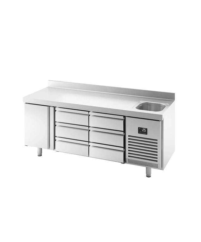 GGM Gastro Commercial Counter Fridge PREMIUM PLUS - 1960x700mm - with 1 door - 6 drawers (1/3) - with upstand - with sink