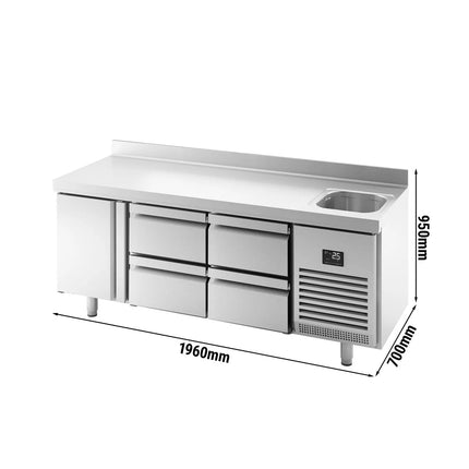 GGM Gastro Commercial Counter Fridge Premium PLUS - 1960x700mm - with 1 sink, 1 door, 4 drawers - with upstand - capacity 465 litres