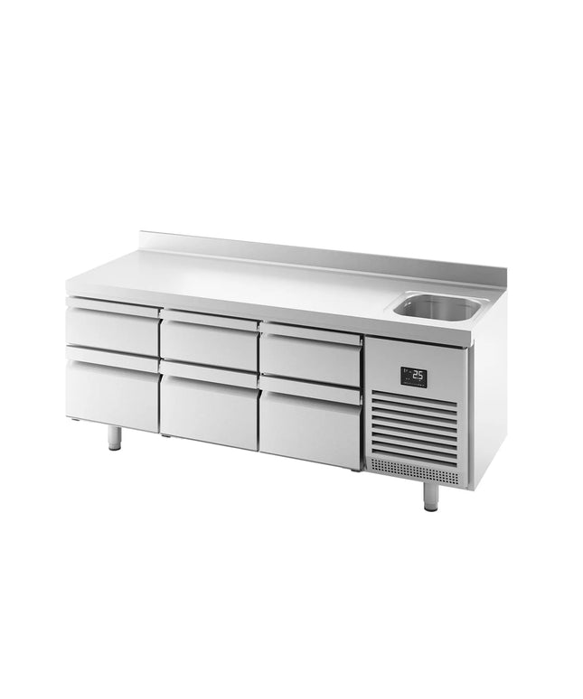 GGM Gastro Commercial Counter Fridge PREMIUM PLUS - 1960x700mm - with sink - with 6 drawers [3x2/3, 3x1/3] - with upstand - capacity 465 litres