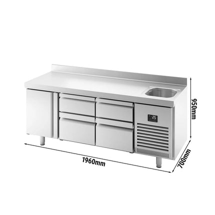 GGM Gastro Commercial Counter Fridge PREMIUM PLUS - 1960x700mm - with sink - with 1 door, 4 drawers - with upstand - capacity 465 litres