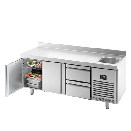 GGM Gastro Commercial Counter Fridge PREMIUM PLUS - 1960x700mm - with sink - with 2 doors - with 2 drawers (1/2) - with upstand