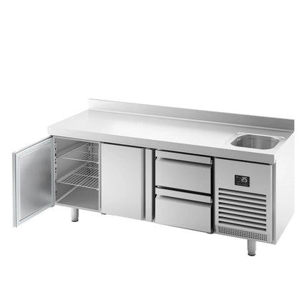 GGM Gastro Commercial Counter Fridge PREMIUM PLUS - 1960x700mm - with sink - with 2 doors - with 2 drawers (1/2) - with upstand