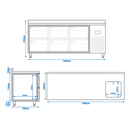 GGM Gastro Commercial Counter Fridge PREMIUM PLUS - 1960x700mm - with sink - with 6 drawers [1/2] - with upstand - capacity 465 litres