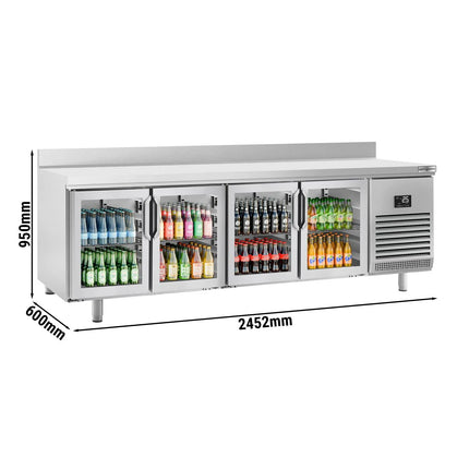 GGM Gastro Commercial Counter Fridge PREMIUM PLUS - 2452x600mm - glass doors - with upstand - with 4 doors - capacity 525 litres