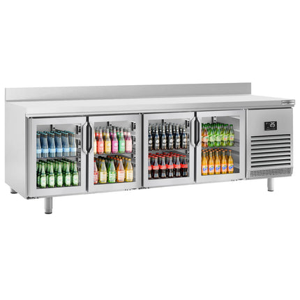GGM Gastro Commercial Counter Fridge PREMIUM PLUS - 2452x600mm - glass doors - with upstand - with 4 doors - capacity 525 litres