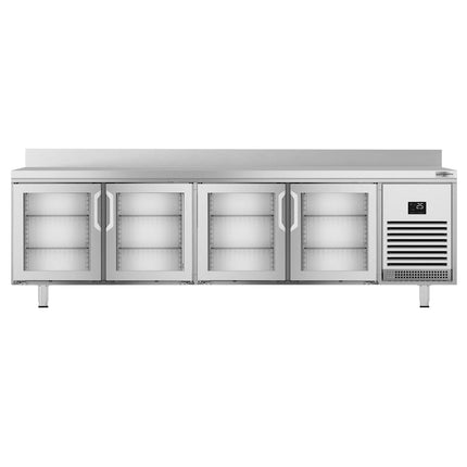GGM Gastro Commercial Counter Fridge PREMIUM PLUS - 2452x600mm - glass doors - with upstand - with 4 doors - capacity 525 litres