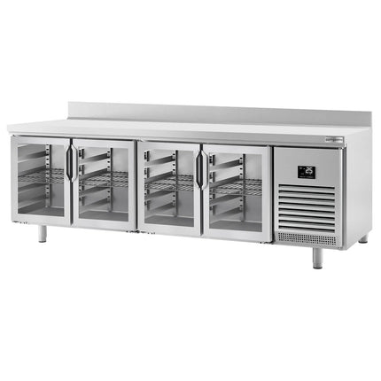 GGM Gastro Commercial Counter Fridge PREMIUM PLUS - 2452x600mm - glass doors - with upstand - with 4 doors - capacity 525 litres