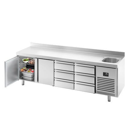 GGM Gastro Commercial Counter Fridge PREMIUM PLUS - 2452x600mm - with 1 sink - with 2 doors - 6 drawers [1/3] - with upstand