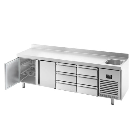 GGM Gastro Commercial Counter Fridge PREMIUM PLUS - 2452x600mm - with 1 sink - with 2 doors - 6 drawers [1/3] - with upstand