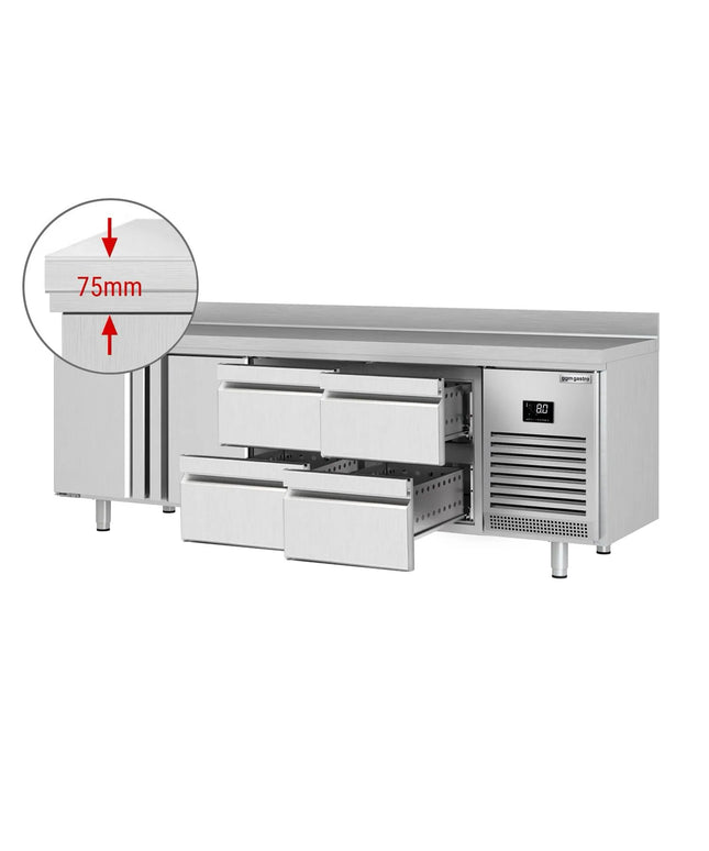 GGM Gastro Commercial Counter Fridge PREMIUM PLUS - 2452x600mm - with 2 doors - 4 drawers [1/2 GN] - with upstand - capacity 510 litres