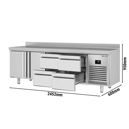 GGM Gastro Commercial Counter Fridge PREMIUM PLUS - 2452x600mm - with 2 doors - 4 drawers [1/2 GN] - with upstand - capacity 510 litres