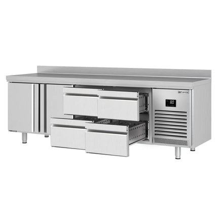 GGM Gastro Commercial Counter Fridge PREMIUM PLUS - 2452x600mm - with 2 doors - 4 drawers [1/2 GN] - with upstand - capacity 510 litres