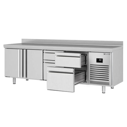 GGM Gastro Commercial Counter Fridge PREMIUM PLUS - 2452x600mm - with 2 doors - 4 drawers [1/2] - with upstand - capacity 510 litres