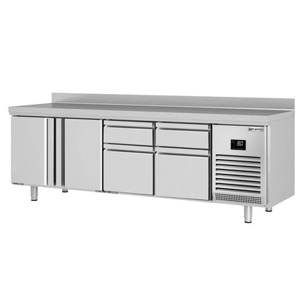 GGM Gastro Commercial Counter Fridge PREMIUM PLUS - 2452x600mm - with 2 doors - 4 drawers [1/2] - with upstand - capacity 510 litres