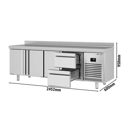 GGM Gastro Commercial Counter Fridge PREMIUM PLUS - 2452x600mm - with 3 doors - 2 drawers (1/2 GN) - with upstand - capacity 510 litres