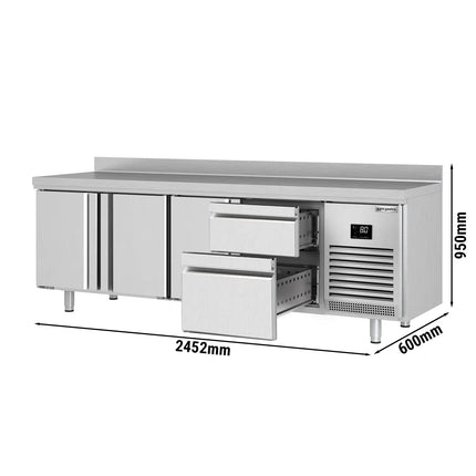 GGM Gastro Commercial Counter Fridge Premium PLUS - 2452x600mm - with 3 doors - 2 drawers [1/3, 2/3] - with upstand - capacity 510 litres