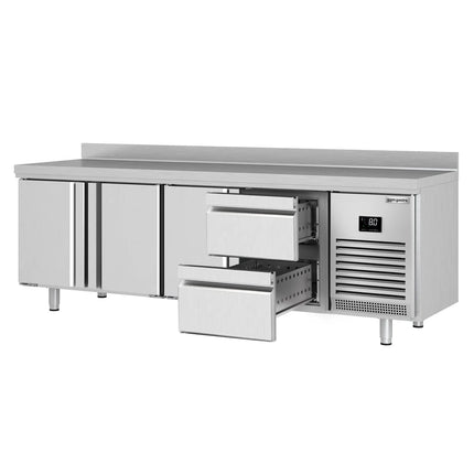 GGM Gastro Commercial Counter Fridge PREMIUM PLUS - 2452x600mm - with 3 doors - 2 drawers (1/2 GN) - with upstand - capacity 510 litres