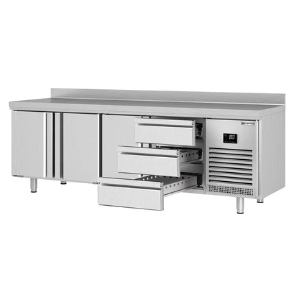 GGM Gastro Commercial Counter Fridge PREMIUM PLUS - 2452x600mm - with 3 doors - 3 drawers [1/3] - with upstand - capacity 510 litres