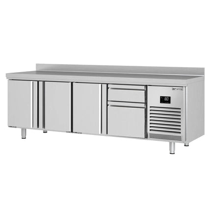 GGM Gastro Commercial Counter Fridge Premium PLUS - 2452x600mm - with 3 doors - 2 drawers [1/3, 2/3] - with upstand - capacity 510 litres