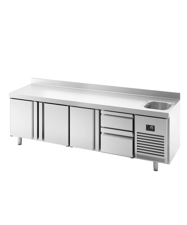 GGM Gastro Commercial Counter Fridge PREMIUM PLUS - 2452x600mm - with sink - with 3 doors - 2 drawers [1/3] - with upstand