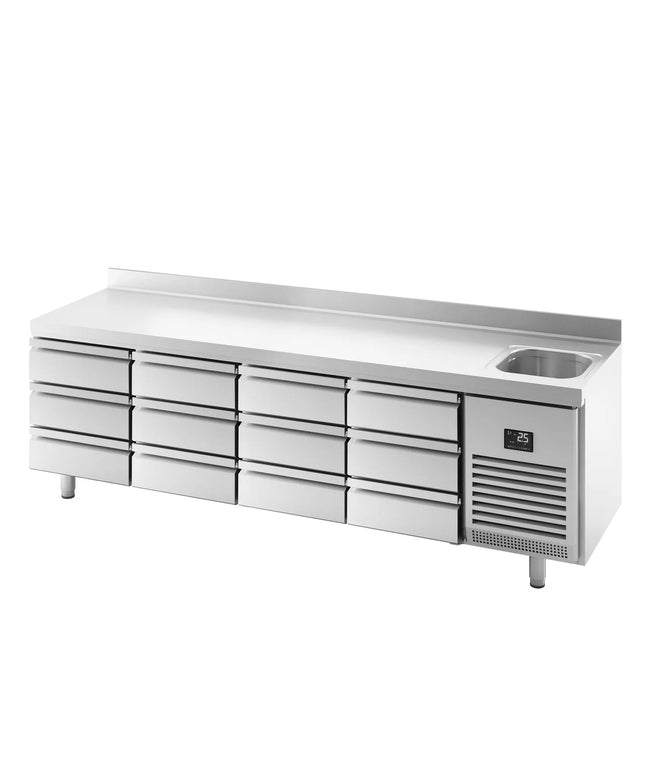 GGM Gastro Commercial Counter Fridge PREMIUM PLUS - 2452x600mm - with sink - with upstand - with 12 drawers (1/3) - capacity 510 litres