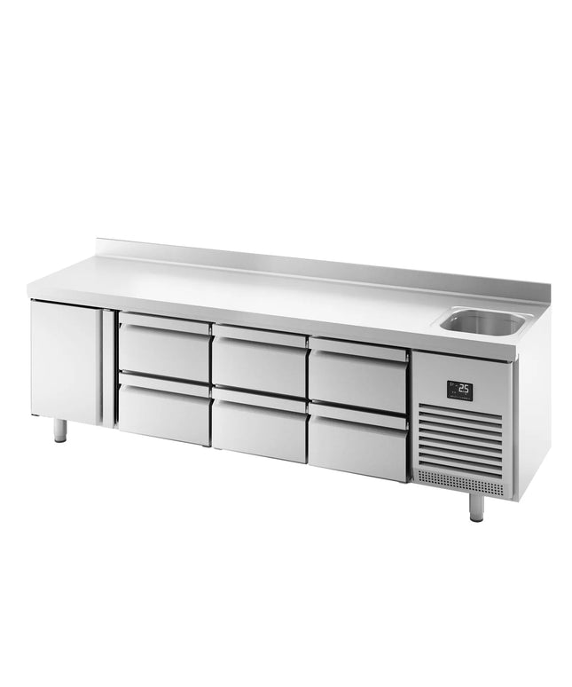 GGM Gastro Commercial Counter Fridge PREMIUM PLUS - 2452x600mm - with sink - with 1 door - with 6 drawers (1/2) - with upstand