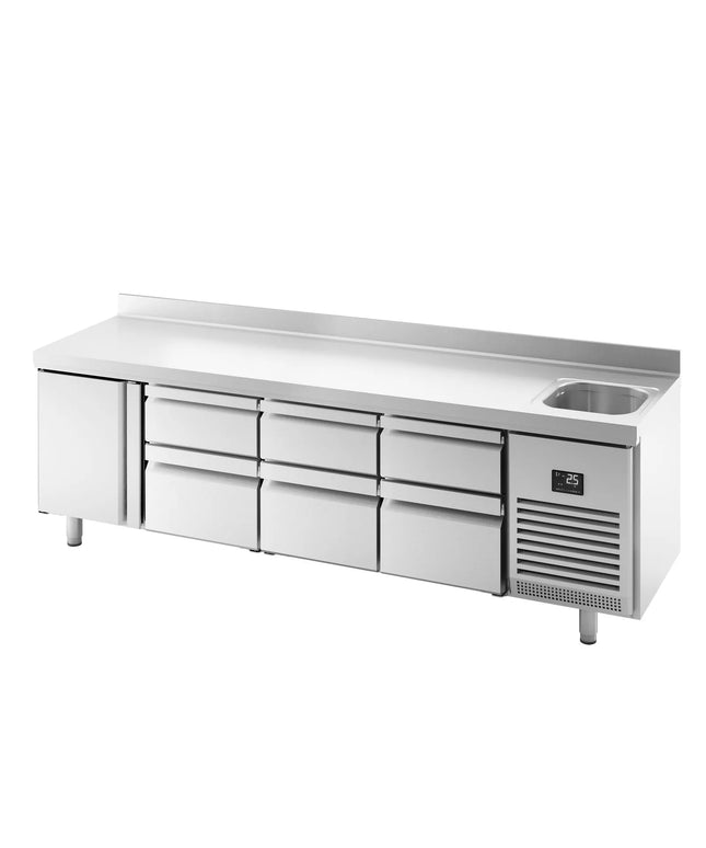 GGM Gastro Commercial Counter Fridge PREMIUM PLUS - 2452x600mm - with sink - with 1 door - 6 drawers [3x2/3 & 3x1/3] - with upstand
