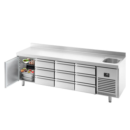 GGM Gastro Commercial Counter Fridge PREMIUM PLUS - 2452x600mm - with sink - with 1 door - with 9 drawers [1/3] - with upstand