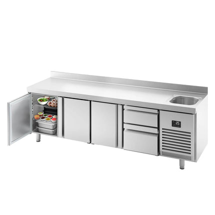 GGM Gastro Commercial Counter Fridge PREMIUM PLUS - 2452x600mm - with sink - with 3 doors - 2 drawers [1/3] - with upstand