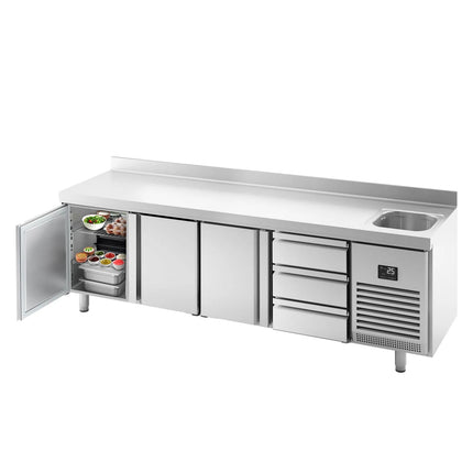 GGM Gastro Commercial Counter Fridge PREMIUM PLUS - 2452x600mm - with sink - with 3 doors - 3 drawers [1/3] - with upstand