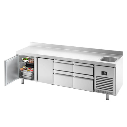 GGM Gastro Commercial Counter Fridge PREMIUM PLUS - 2452x600mm - with sink - with upstand - with 2 doors - 4 drawers