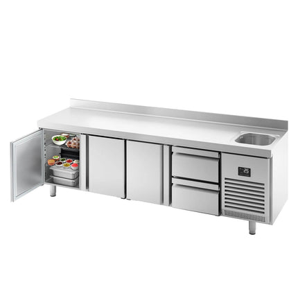 GGM Gastro Commercial Counter Fridge PREMIUM PLUS - 2452x600mm - with sink - with 3 doors - 2 drawers (1/2) - with upstand