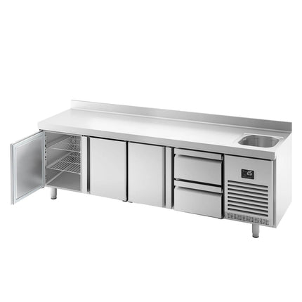 GGM Gastro Commercial Counter Fridge PREMIUM PLUS - 2452x600mm - with sink - with 3 doors - 2 drawers (1/2) - with upstand