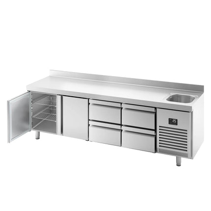 GGM Gastro Commercial Counter Fridge PREMIUM PLUS - 2452x600mm - with sink - with 2 doors - 4 drawers (1/2) - with upstand