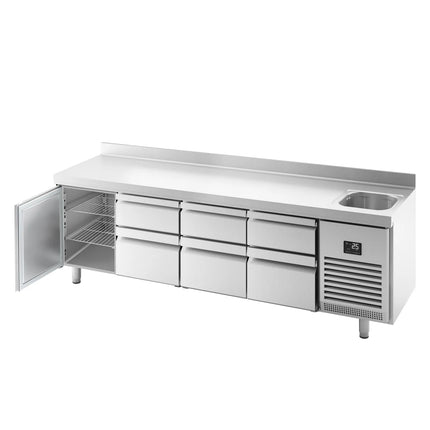 GGM Gastro Commercial Counter Fridge PREMIUM PLUS - 2452x600mm - with sink - with 1 door - 6 drawers [3x2/3 & 3x1/3] - with upstand
