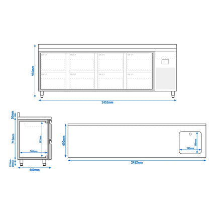 GGM Gastro Commercial Counter Fridge PREMIUM PLUS - 2452x600mm - with sink - with 8 drawers - with upstand - capacity 510 litres