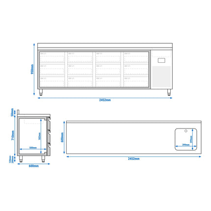 GGM Gastro Commercial Counter Fridge PREMIUM PLUS - 2452x600mm - with sink - with upstand - with 12 drawers (1/3) - capacity 510 litres