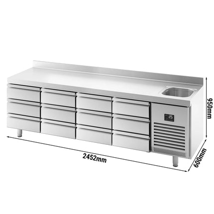 GGM Gastro Commercial Counter Fridge PREMIUM PLUS - 2452x600mm - with sink - with upstand - with 12 drawers (1/3) - capacity 510 litres