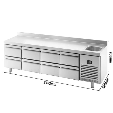 GGM Gastro Commercial Counter Fridge PREMIUM PLUS - 2452x600mm - with sink - with 8 drawers - with upstand - capacity 510 litres