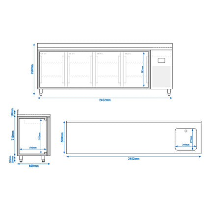 GGM Gastro Commercial Counter Fridge PREMIUM PLUS - 2452x600mm - with sink - with 4 doors - with upstand - capacity 510 litres