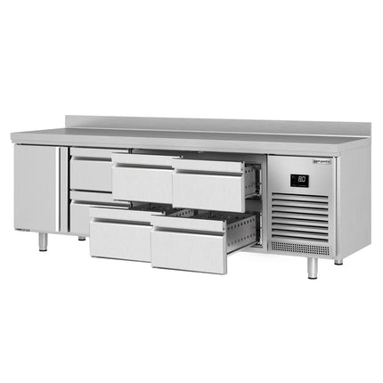 GGM Gastro Commercial Counter Fridge PREMIUM PLUS - 2452x700mm - with 1 door - 6 drawers [1/2] - with upstand - capacity 625 litres