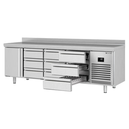 GGM Gastro Commercial Counter Fridge PREMIUM PLUS - 2452x700mm - with 1 door - 9 drawers [1/3] - with upstand - capacity 625 litres
