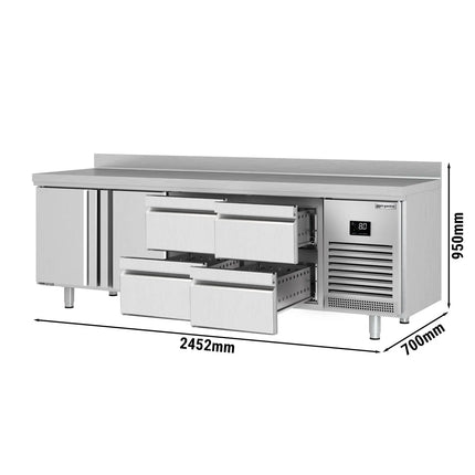 GGM Gastro Commercial Counter Fridge PREMIUM PLUS - 2452x700mm - with 2 doors - 4 drawers (1/2 GN) - with upstand - capacity 625 litres