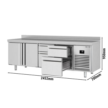 GGM Gastro Commercial Counter Fridge PREMIUM PLUS - 2452x700mm - with 2 doors - 4 drawers [1/2 GN] - with upstand - capacity 625 litres