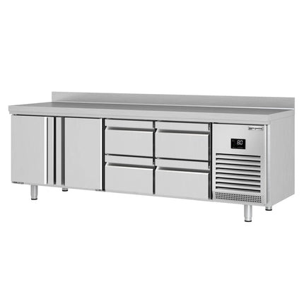 GGM Gastro Commercial Counter Fridge PREMIUM PLUS - 2452x700mm - with 2 doors - 4 drawers (1/2 GN) - with upstand - capacity 625 litres