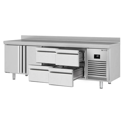 GGM Gastro Commercial Counter Fridge PREMIUM PLUS - 2452x700mm - with 2 doors - 4 drawers (1/2 GN) - with upstand - capacity 625 litres